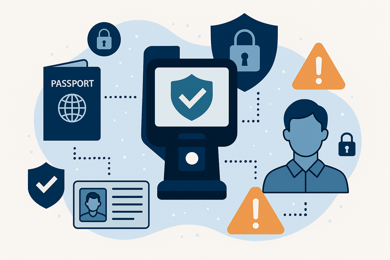 Illustration of an ID verification scanner analyzing a passport and ID card, surrounded by icons representing security, access control, and user identification.