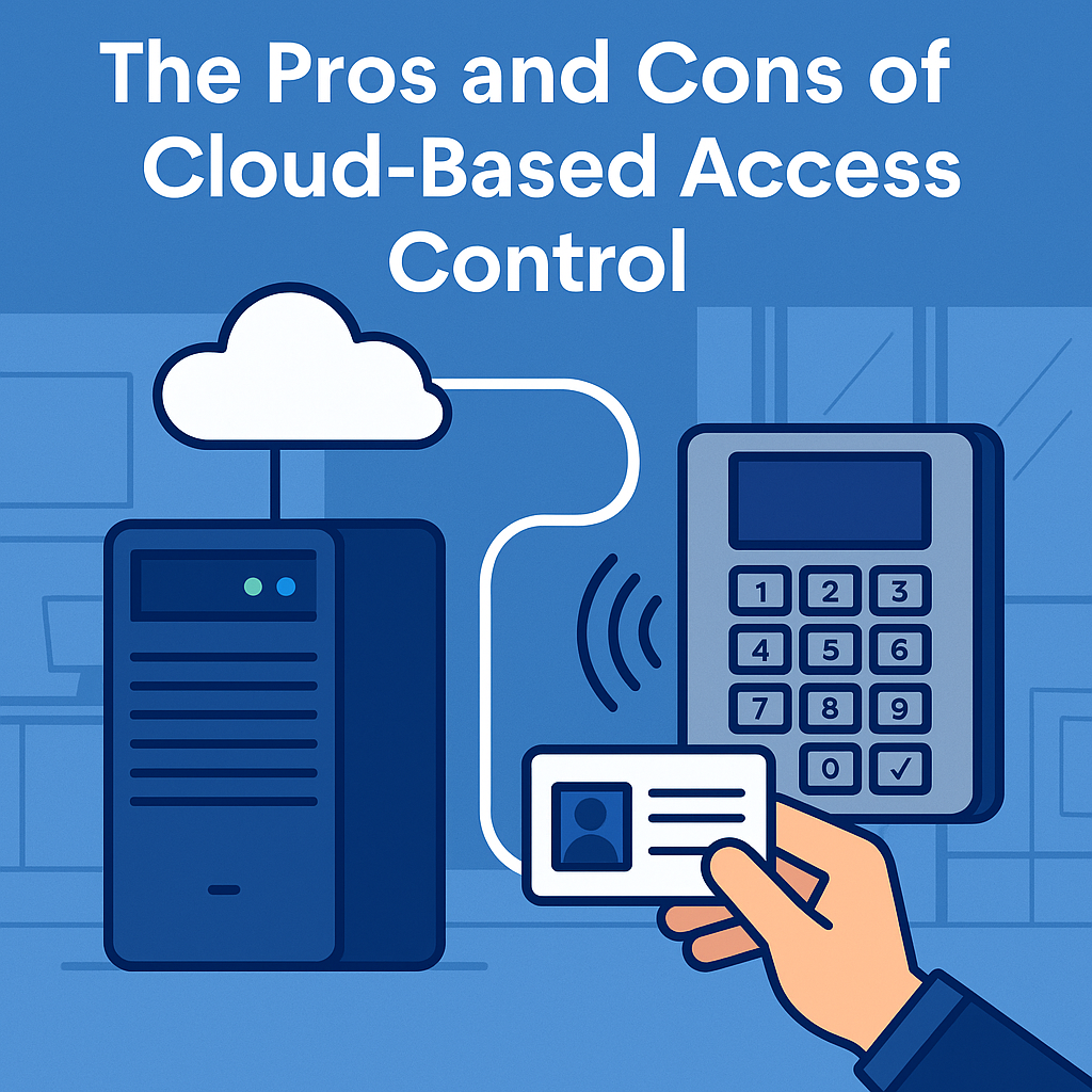 Flat-style digital illustration showing a secure cloud server connected to a building access control system, representing cloud-based access control technology.