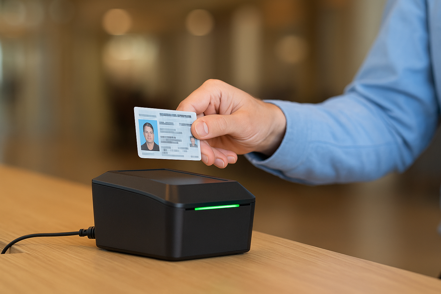A hand holding a government-issued ID card in front of a digital scanner at a retail counter, representing age verification through ID scanning.