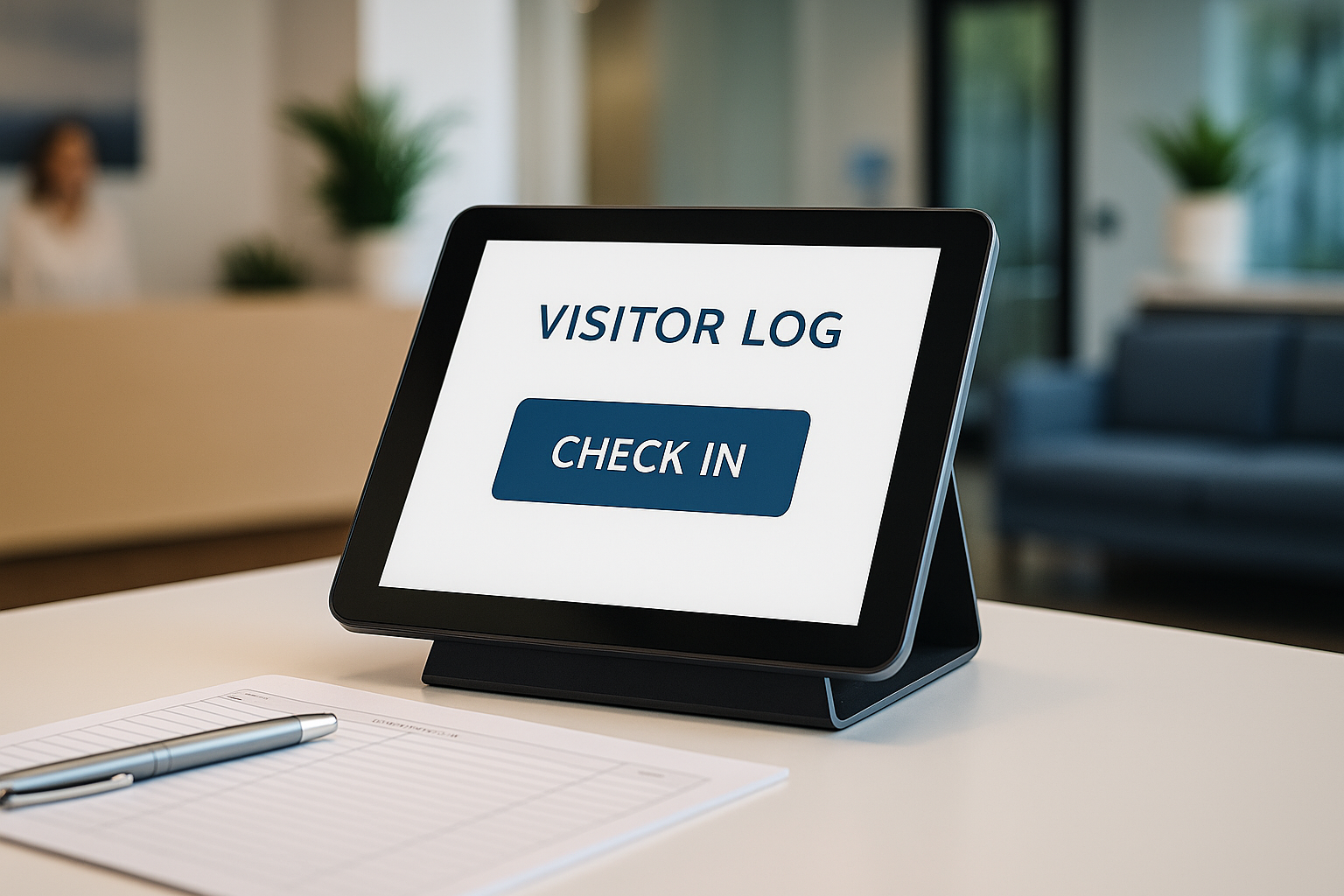 A digital visitor sign-in kiosk with a touchscreen interface displayed at a modern office reception desk, replacing a traditional paper sign-in sheet.