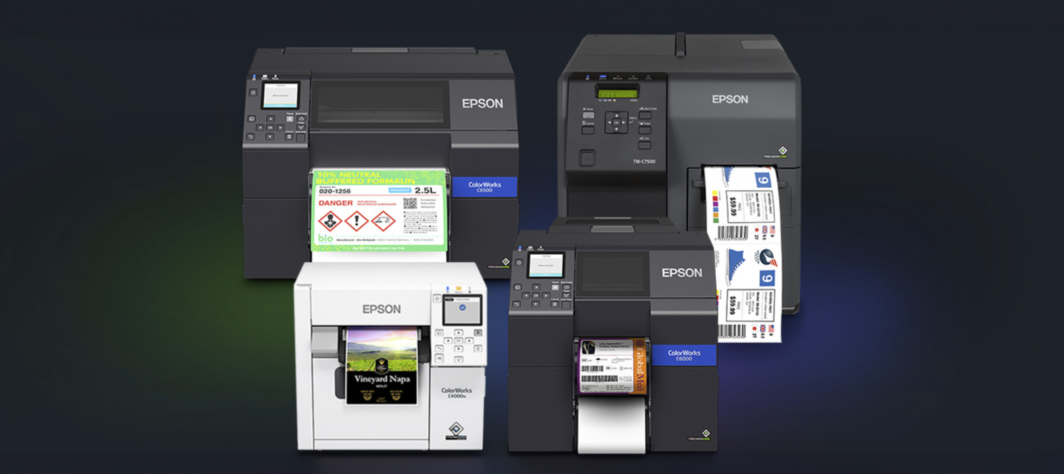 Epson ColorWorks printers in a collage on a black background with light underneath.
