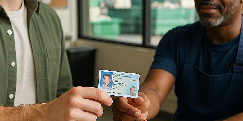 A customer hands over their ID to an employee at a recycling center counter, with bins and metal scrap visible in the background, illustrating ID verification at drop-off.
