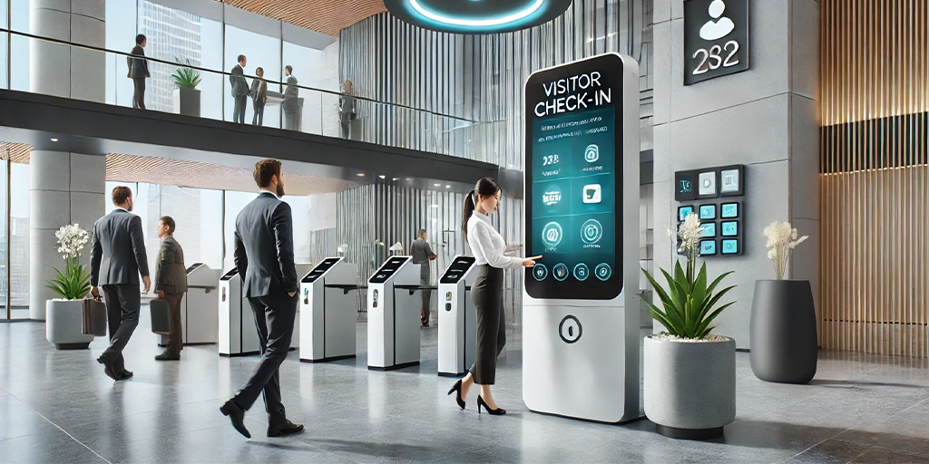 Visitor management system kiosk at office entrance with contactless check-in, security features, and digital interface for efficient visitor tracking